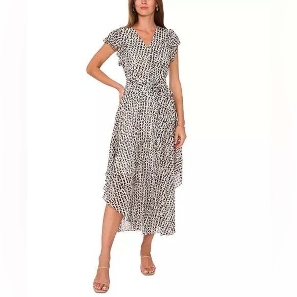❣️Vince Camuto Printed Asymmetrical-Hem Flutter Sleeve Midi Dress